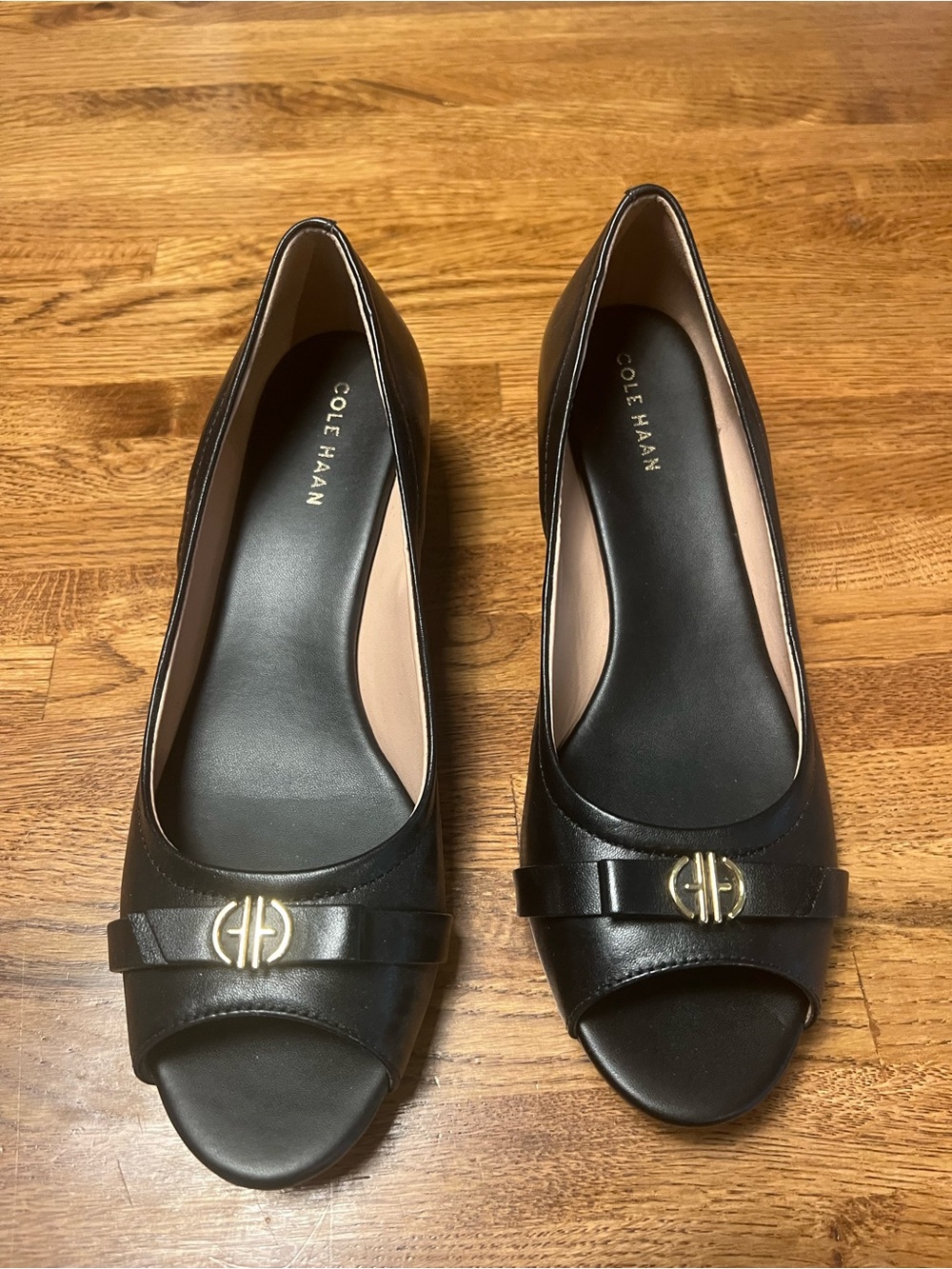 Cole Haan Black Peep-Toe Heels with Gold Logo Accent - Picture 2 of 6